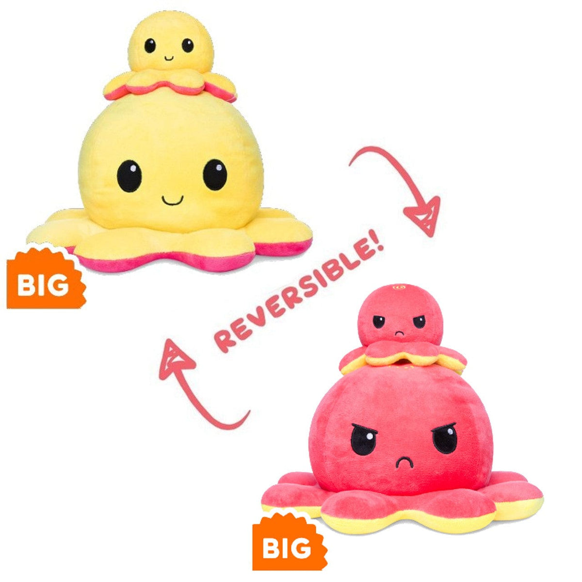 BIG Reversible Octopus Plushie: Happy Yellow and Angry Red