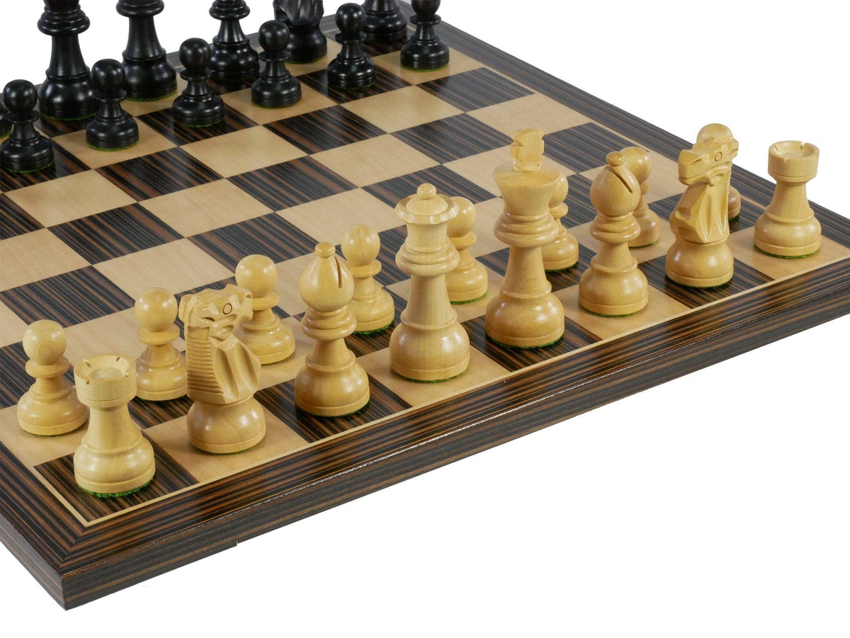 Chess Set - Small Black French Chessmen on Ebony veneer Chess Board