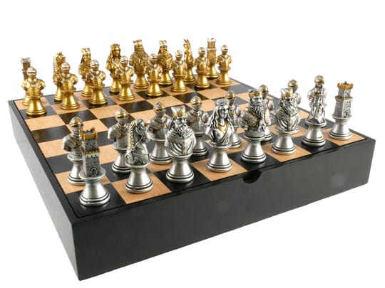 Chess Set - Camelot Gold & Silver Chessmen on Maple Chest