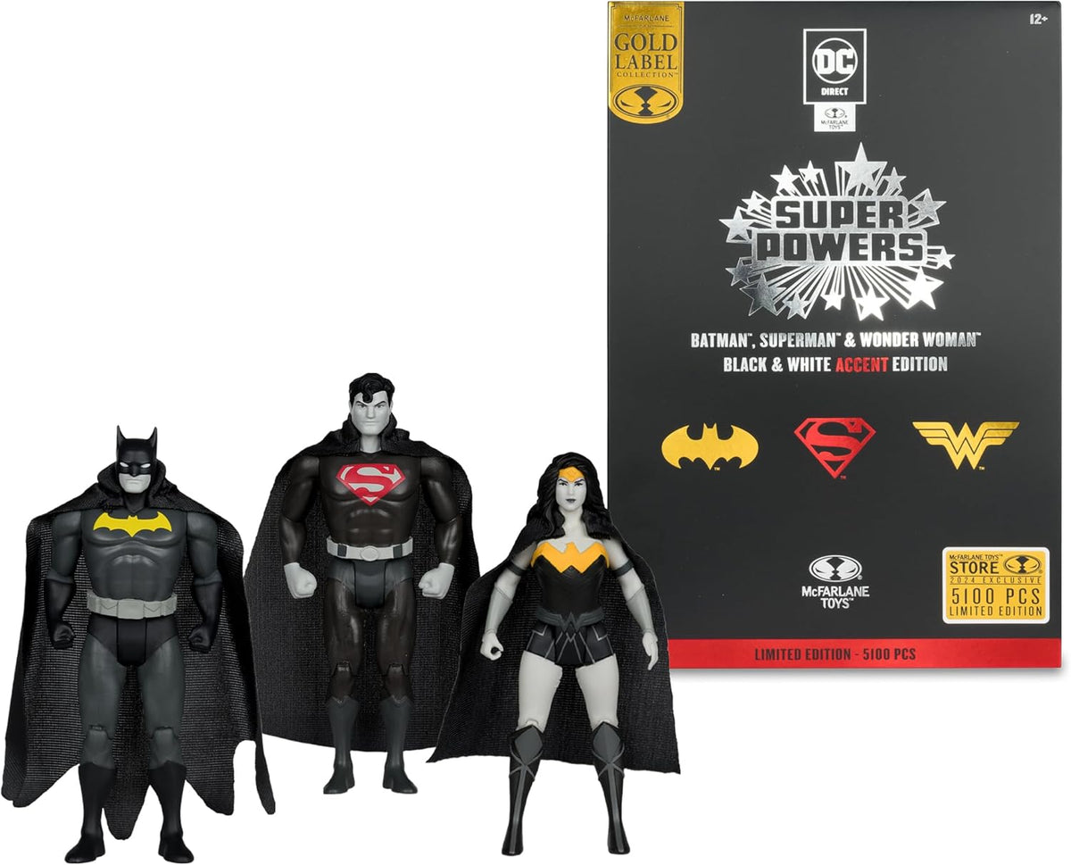 DC Super Powers Trinity Pack 4 Inch Action Figure Exclusive - Batman, Superman & Wonder Woman Black & White Accent Edition Gold Label
