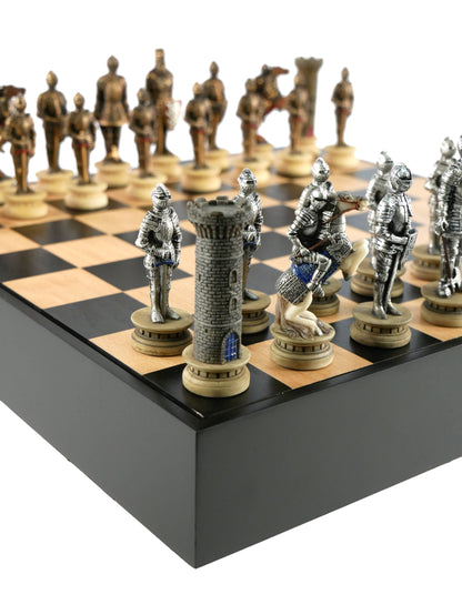 Chess Set - Painted Resin Medieval on Black/Maple Chest