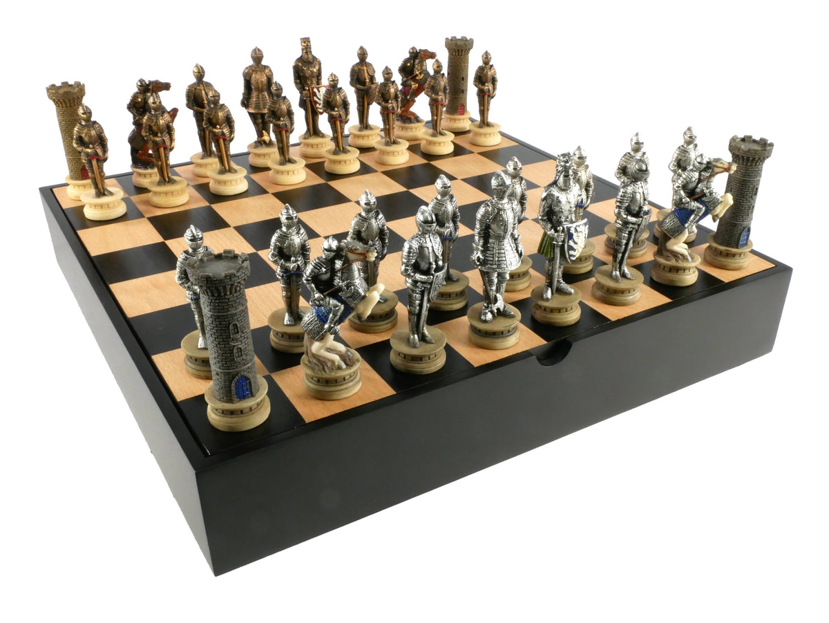 Chess Set - Painted Resin Medieval on Black/Maple Chest
